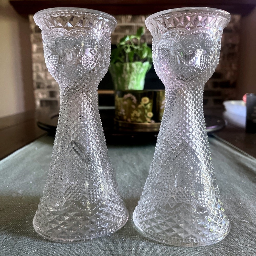 Vintage 1979 AVON Fostoria Glass Hearts & Diamond Candle Sticks/Vase